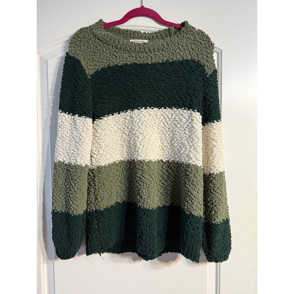 Zenana Popcorn Knit Sweater XL Green Cream Striped Relaxed Fit Gorpcore Cozy